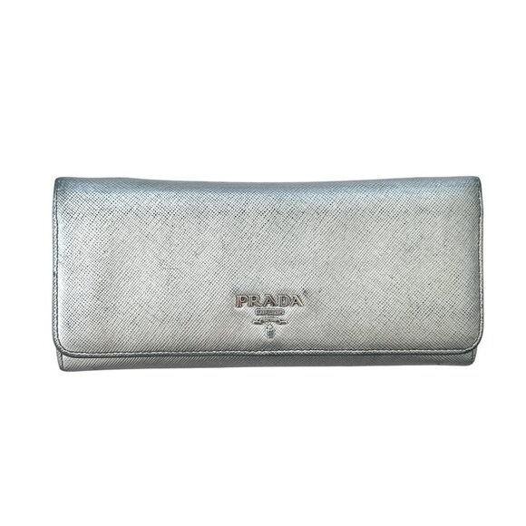 Prada Handbags - Authentic Prada Silver Saffiano Leather Continental Wallet